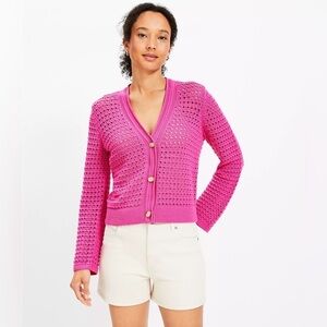 NWT Ann Taylor LOFT Fuchsia Pink Mesh Stitch V-Neck Cardigan Medium